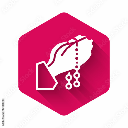 White Hands in praying position with rosary icon isolated with long shadow background. Praying hand islam muslim religion spirituality religious. Pink hexagon button. Vector