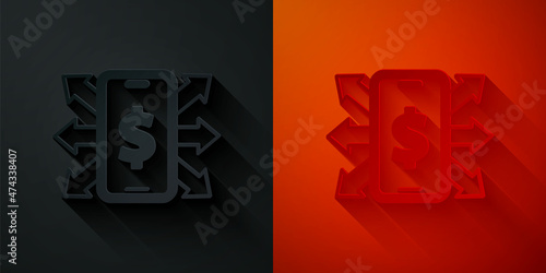 Paper cut Smartphone with dollar symbol icon isolated on black and red background. Online shopping concept. Financial mobile phone icon. Online payment. Paper art style. Vector
