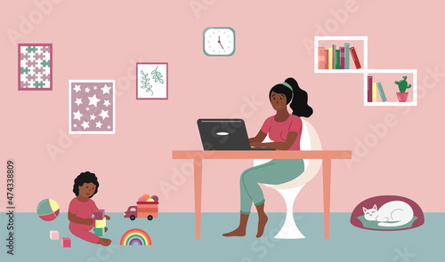 Mother works at home with laptop. Baby toddler playing with toys on floor. African american woman working remotely and sitting at table. Cat sleeping. Home interior. Vector flat illustration