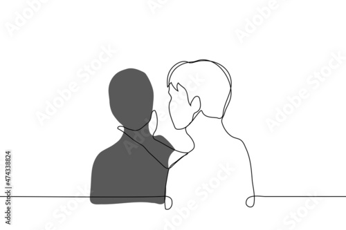 man trying to strangle his own shadow - one line drawing vector. metaphor of suicide and suicidal thoughts, concept of irritation or anger at oneself and one's behavior