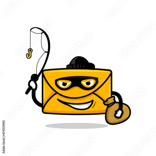 pishing email concept. isolated bad guy mail cartoon face holding fishing rod vector illustration photo