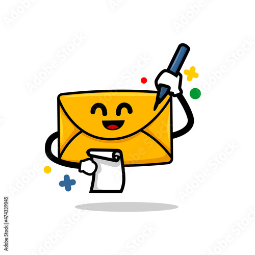 write an email. isolated cute mail cartoon face chracter  holding pen and paper ready to write a letter vector illustration photo