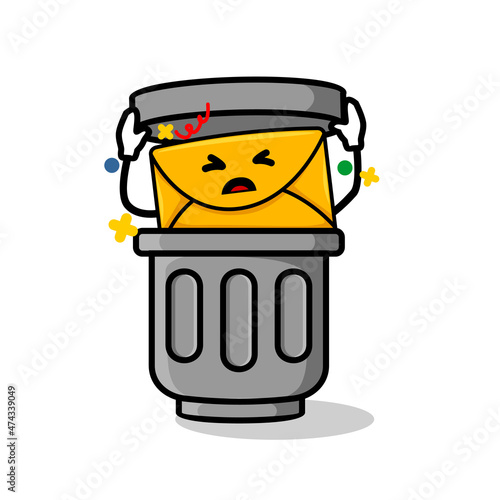 spam or junk email concept. isolated cute mail cartoon face iside rubbish bin vector illustration