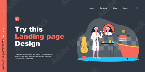 Young woman cleaning face with cotton pad in bathroom. Female character doing morning routine flat vector illustration. Skin care, beauty concept for banner, website design or landing web page