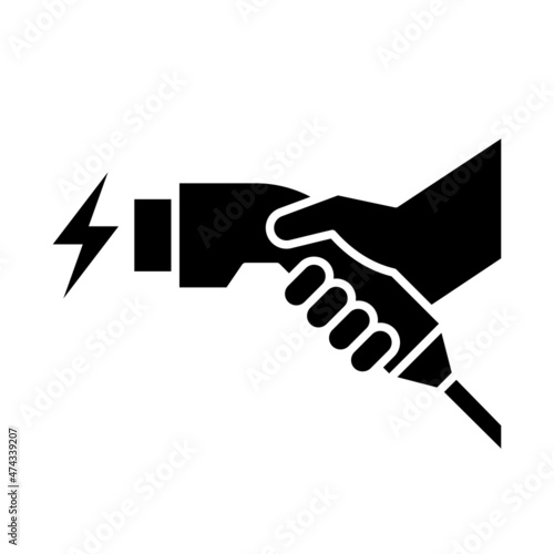 Hand holding charger connector icon, Electric car charging plug sign, Vector illustration
