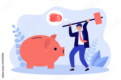 Businessman breaking piggy bank with hammer. Poor sad tiny man in need of money flat vector illustration. Poverty, inflation, financial crisis concept for banner, website design or landing web page