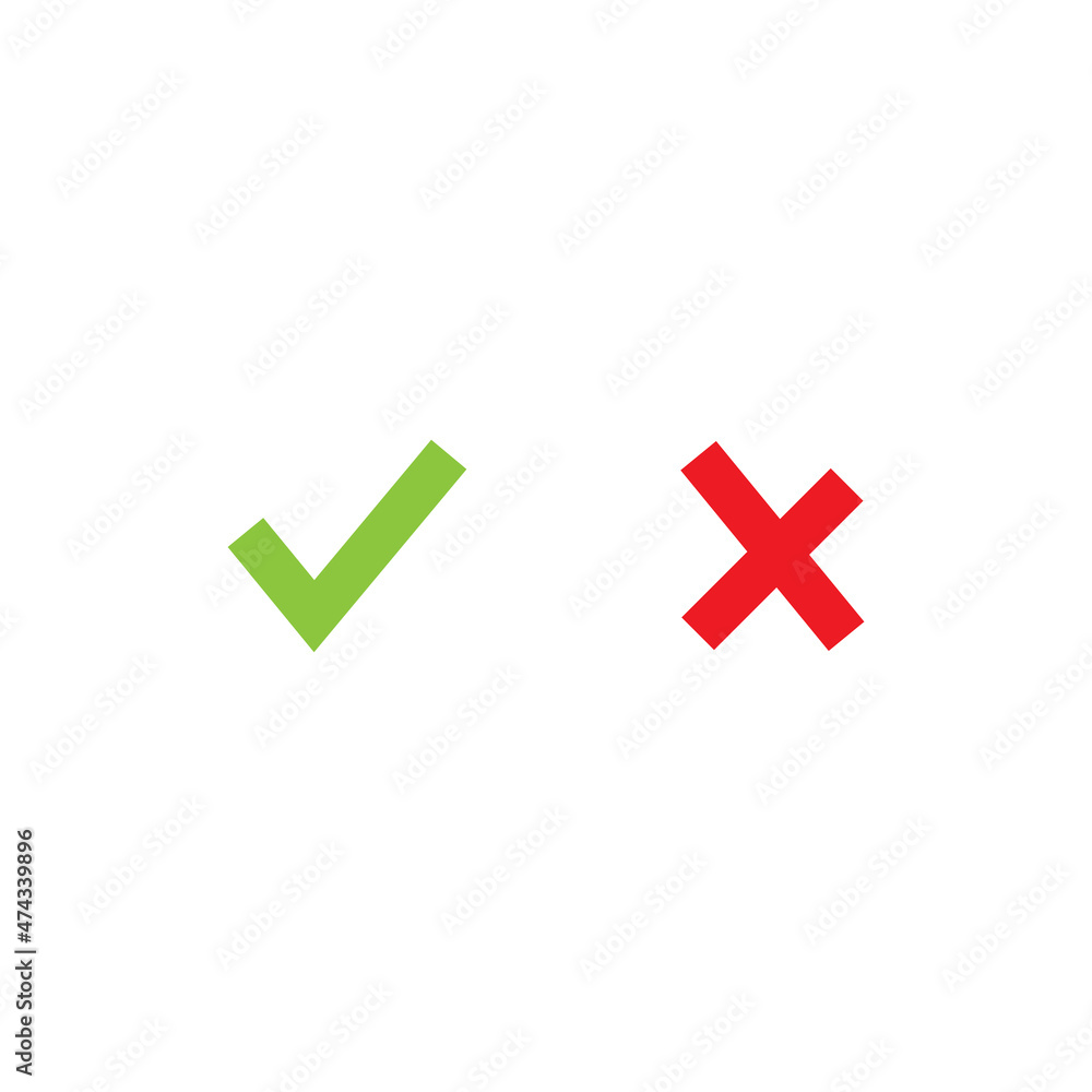 Set of check mark icons. green hand drawn tick and red cross. Flat cartoon style. Set of check mark icons. green hand drawn tick and red cross. Flat cartoon style.
