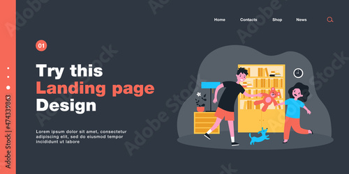 Mischievous brother taking teddy bear from upset sister. Siblings fighting over toy flat vector illustration. Family, relationship, children behavior concept for banner, website design or landing page