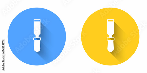 White Chisel tool for wood icon isolated with long shadow background. Circle button. Vector