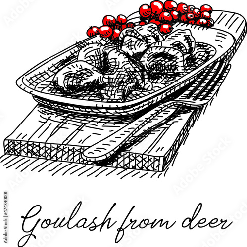 Goulash from deer Sketchy goulash from deer Goulash stock vector. Sketchy hand-drawn illustration.