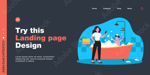 Mother bathing happy son in bathtub. Woman holding shampoo bottle, child taking foamy bath flat vector illustration. Family, parenting, hygiene concept for banner, website design or landing web page