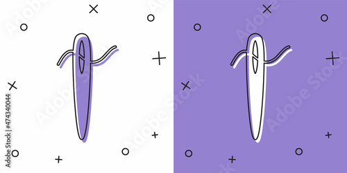 Set Needle for sewing with thread icon isolated on white and purple background. Tailor symbol. Textile sew up craft sign. Embroidery tool. Vector