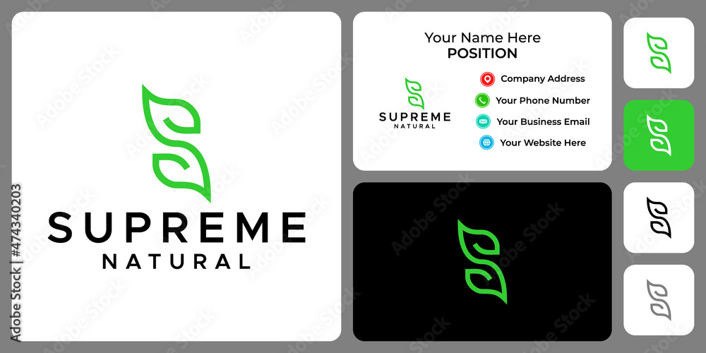 Letter S monogram leaf nature logo design with business card template. Letter S monogram leaf nature logo design with business card template.