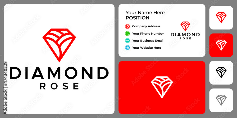 Diamond and rose flower logo design with business card template.