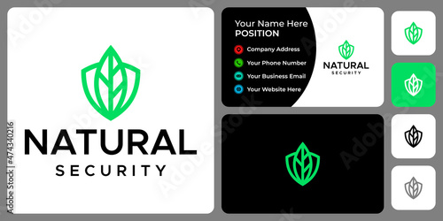 Leaf and shield logo design with business card template.