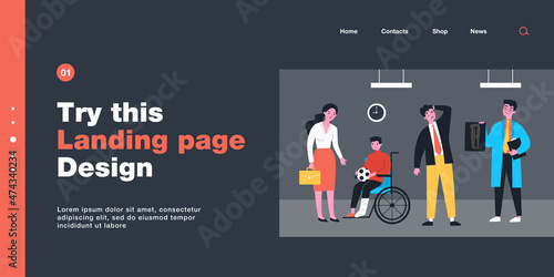 Sad son with broken leg and doctor showing X-ray to father. Boy with soccer ball in wheelchair flat vector illustration. Medicine, healthcare, injury concept for banner, website design or landing page