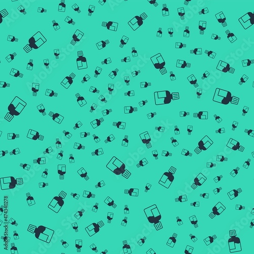 Black Mouthwash plastic bottle icon isolated seamless pattern on green background. Liquid for rinsing mouth. Oralcare equipment. Vector