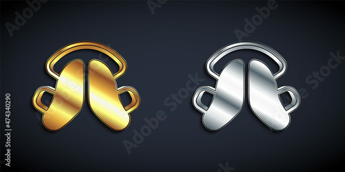 Gold and silver Dental tooth plate icon isolated on black background. Long shadow style. Vector