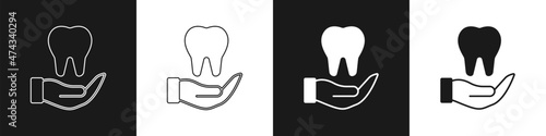 Set Tooth icon isolated on black and white background. Tooth symbol for dentistry clinic or dentist medical center and toothpaste package. Vector