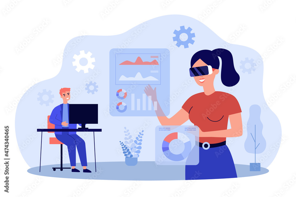 Interactive work of woman with VR glasses in virtual reality. People in futuristic workspace flat vector illustration. AR technology, future concept for banner, website design or landing web page