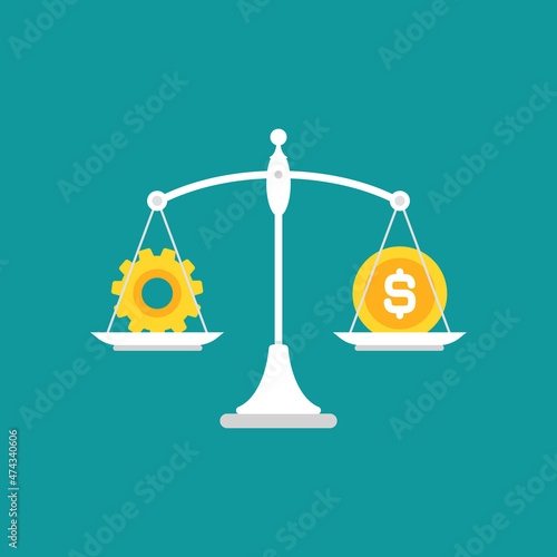 White mechanical scales with dollar coin and gear in pans. Technology or innovation value concept.