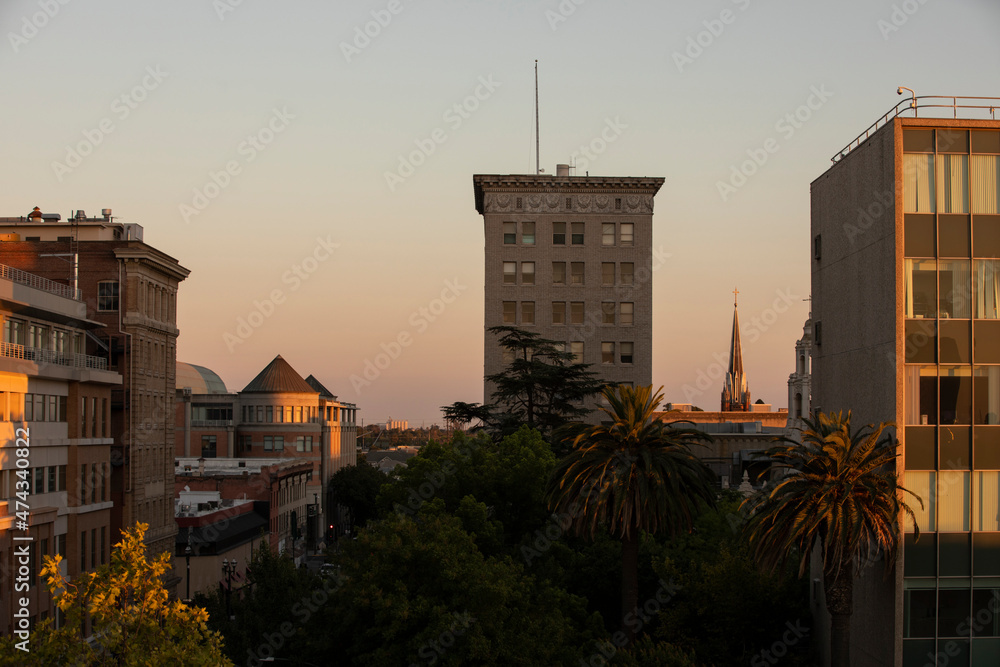 Sunset view of downtown Stockton, California, USA.