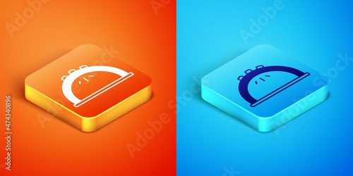 Isometric Manicure lamp icon isolated on orange and blue background. UV lamp for nail polish drying. Vector