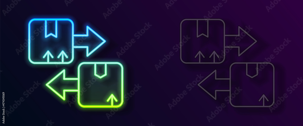 Glowing neon line Cardboard box with traffic symbol icon isolated on black background. Box, package, parcel sign. Delivery, transportation and shipping. Vector Glowing neon line Cardboard box with traffic symbol icon isolated on black background. Box, package, parcel sign. Delivery, transportation and shipping. Vector