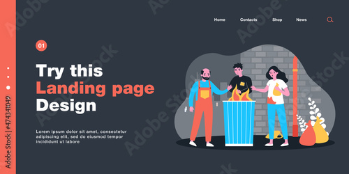 Homeless people warming themselves around fire in trash can. Flat vector illustration. Woman and men in dirty clothes, with sad faces, hungry and freezing. Poverty, failure, homelessness concept