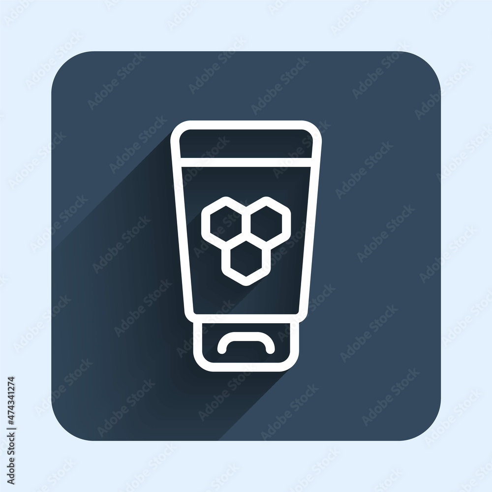 White line Cosmetic tube with honey icon isolated with long shadow background. Natural skin care. Blue square button. Vector White line Cosmetic tube with honey icon isolated with long shadow background. Natural skin care. Blue square button. Vector