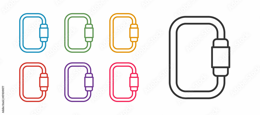Set line Carabiner icon isolated on white background. Extreme sport. Sport equipment. Set icons colorful. Vector Set line Carabiner icon isolated on white background. Extreme sport. Sport equipment. Set icons colorful. Vector