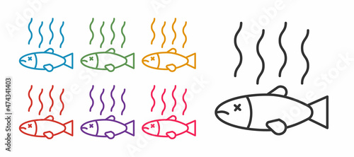 Set line Dead fish icon isolated on white background. Rotten fish. Set icons colorful. Vector