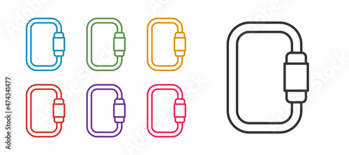 Set line Carabiner icon isolated on white background. Extreme sport. Sport equipment. Set icons colorful. Vector