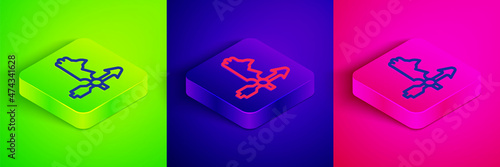 Isometric line Rooster weather vane icon isolated on green, blue and pink background. Weathercock sign. Windvane rooster. Square button. Vector