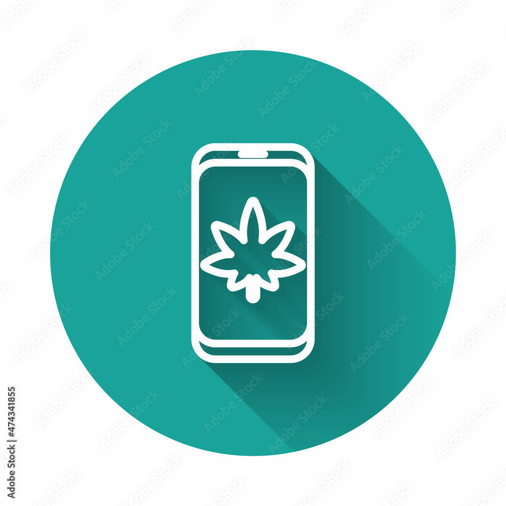 White line Mobile phone and medical marijuana or cannabis leaf icon isolated with long shadow. Online buying symbol. Supermarket basket. Green circle button. Vector Illustration White line Mobile phone and medical marijuana or cannabis leaf icon isolated with long shadow. Online buying symbol. Supermarket basket. Green circle button. Vector Illustration