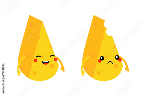 Couple of cheese characters, cute smiling and sad with bite mark. Vector icons, illustration.