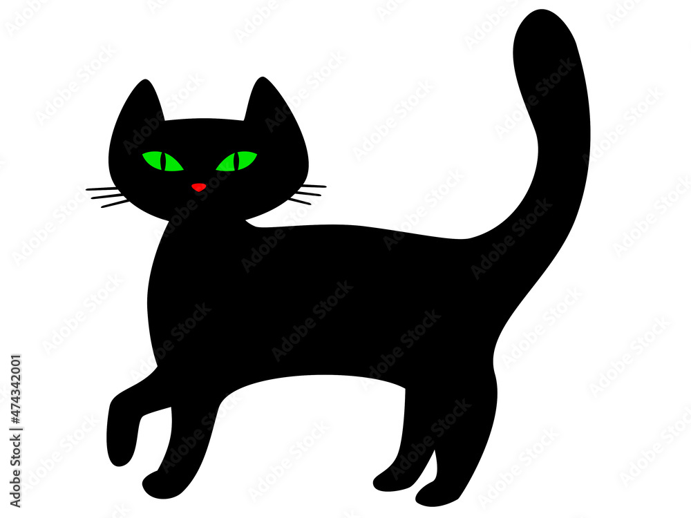 Drawn black cat with greens isolated on white background. Drawn black cat with greens isolated on white background.