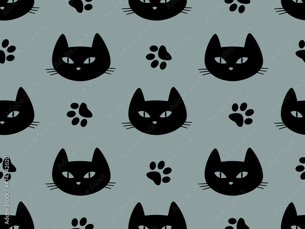 Seamless pattern with black cats' heads on a gray background.