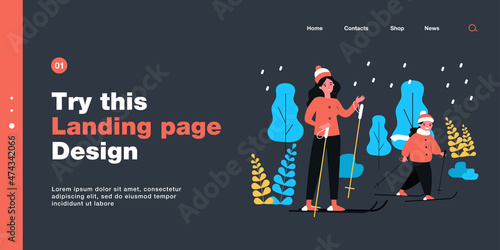 Mom and daughter skiing together. Flat vector illustration. Woman, little girl in winter clothes skiing under snow, enjoying company of each other. Family, winter holidays, sport, childhood concept