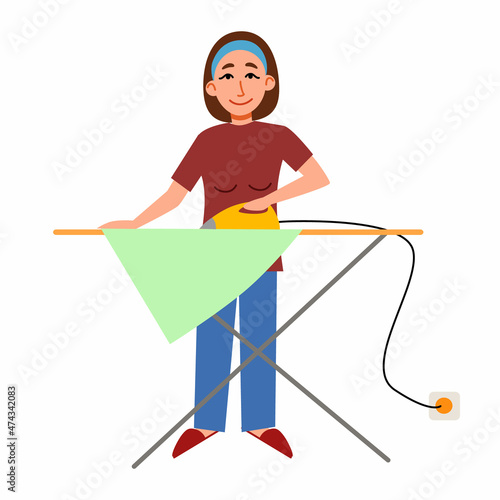 The girl is ironing clean underwear. A woman cleans the house. Vector illustration in a flat style.