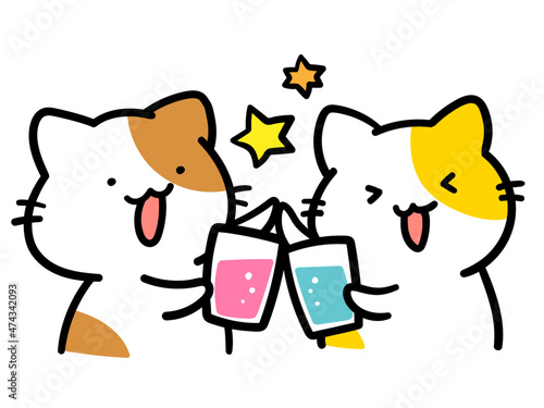 乾杯するかわいいねこのキャラクターの手書き風イラスト