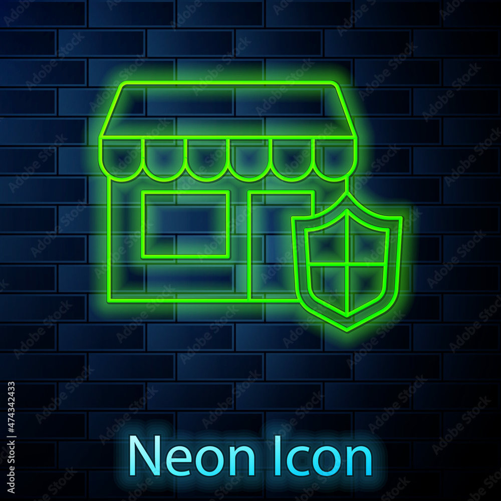 Glowing neon line Shopping building with shield icon isolated on brick wall background. Insurance concept. Security, safety, protection, protect concept. Vector. Glowing neon line Shopping building with shield icon isolated on brick wall background. Insurance concept. Security, safety, protection, protect concept. Vector.