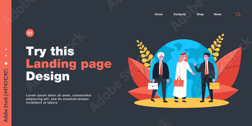 Indian, Arab and European businessmen in front of globe. Men of different nationalities making deal flat vector illustration. International communication, partnership concept for banner, website
