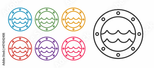 Set line Ship porthole with rivets and seascape outside icon isolated on white background. Set icons colorful. Vector