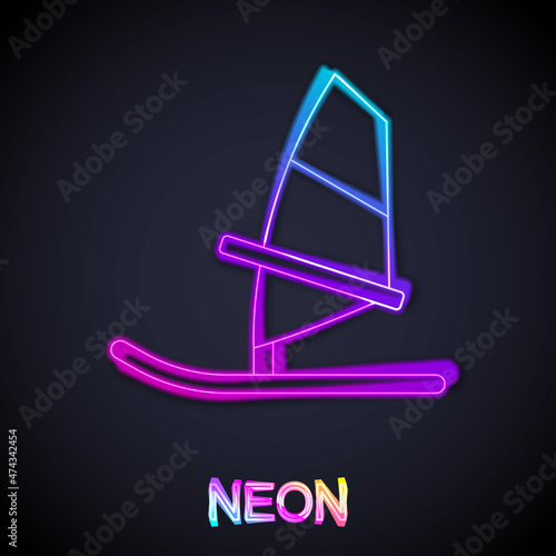 Glowing neon line Windsurfing icon isolated on black background. Vector