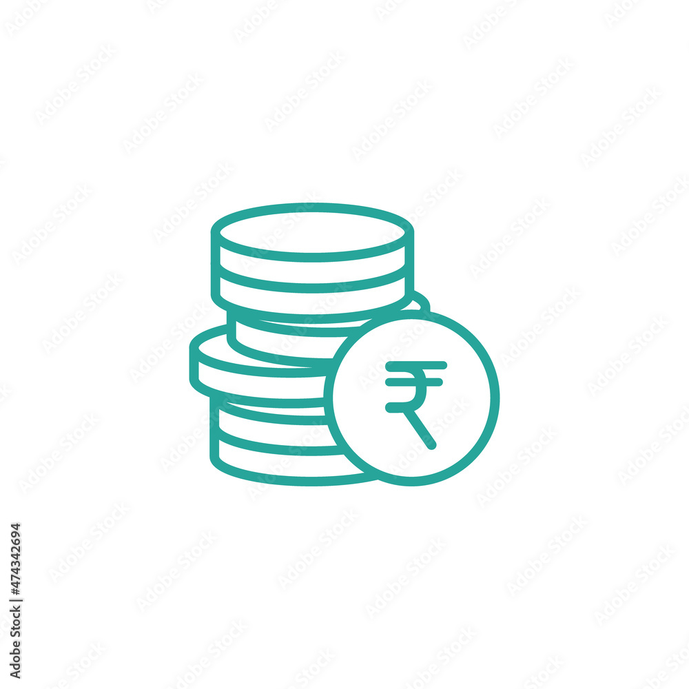 Stack of rupee coins with coin in front of it. Flat line icon. Isolated on white. Stack of rupee coins with coin in front of it. Flat line icon. Isolated on white.