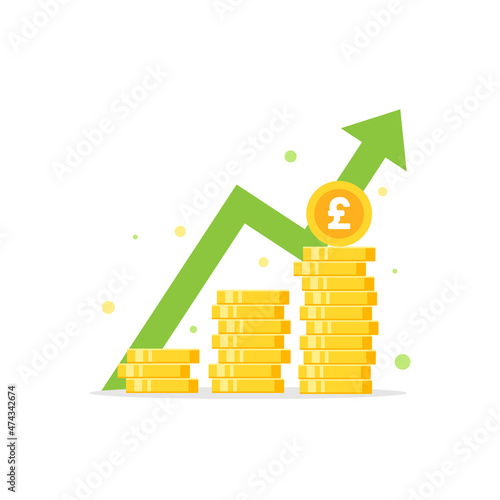 golden pound sterling coins stack with arrow up. Flat icon isolated on white.
