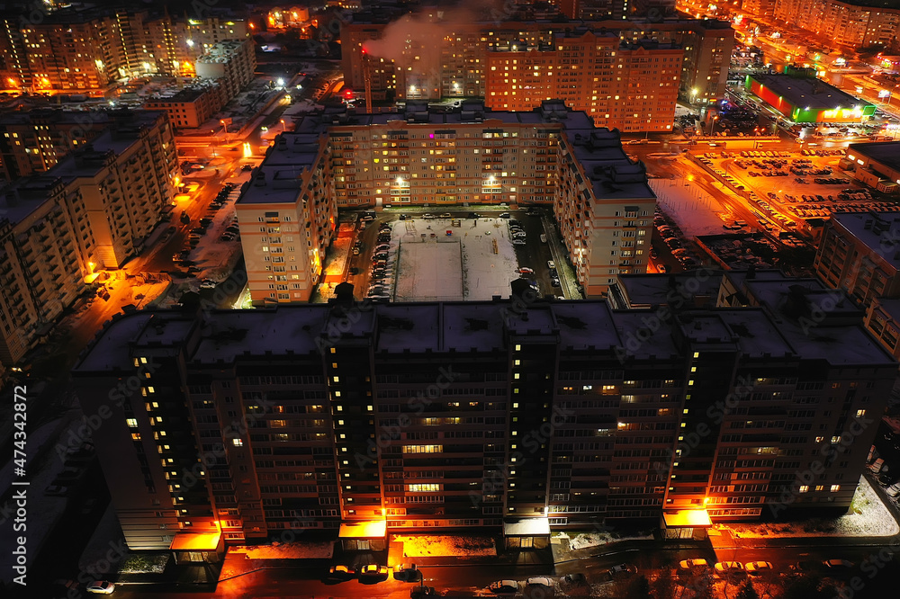 night city top view winter, architecture top roof facade lights night city top view winter, architecture top roof facade lights