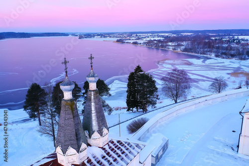 Fotografie, Obraz ferapontovo winter monastery landscape, top view christmas religion architecture