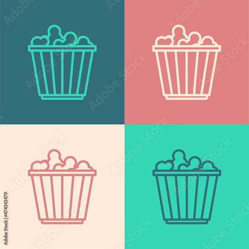 Pop art line Popcorn in cardboard box icon isolated on color background. Popcorn bucket box. Vector